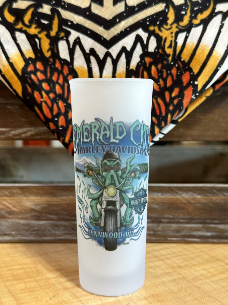 Emerald City Harley Davidson Kraken Shot Glass Mt. Rainier Harley